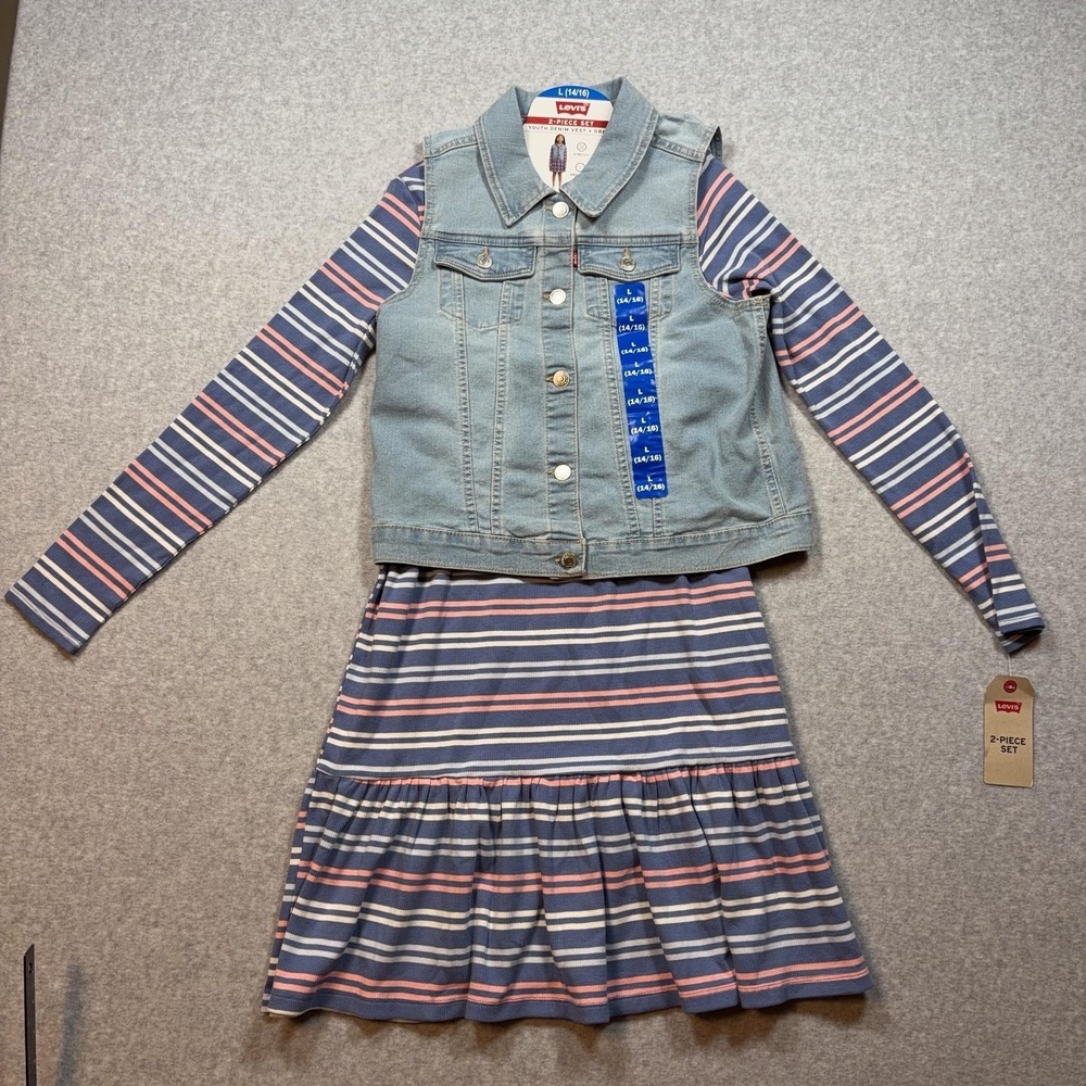 Levis Dress Set Girls Large 14/16‎ Blue Striped Knit With Denim Vest 2 Piece